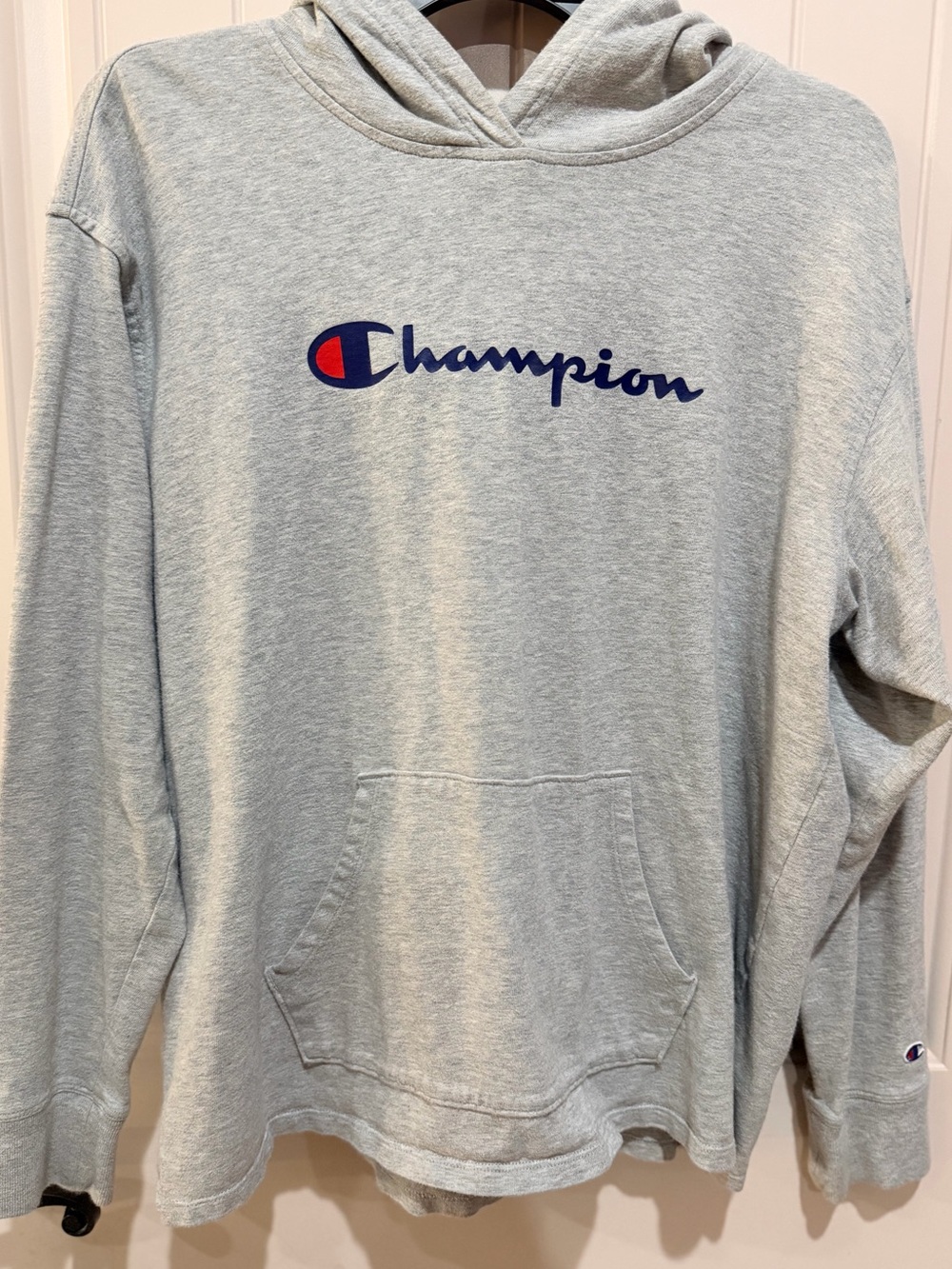 Champion Heather Gray Script Logo Hooded Sweatshirt